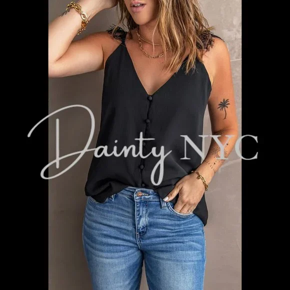 Dainty Lace Strap Front Button Tank Top - Picture 6 of 12